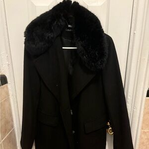 Calvin Klein size M maxi wool coat w faux fur collar